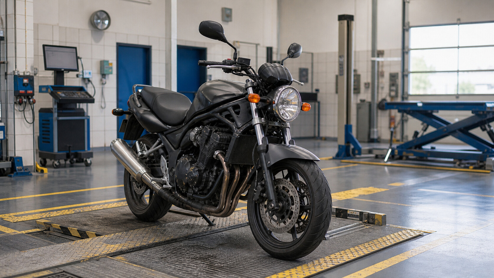 Moto placée dans un centre de contrôle technique
